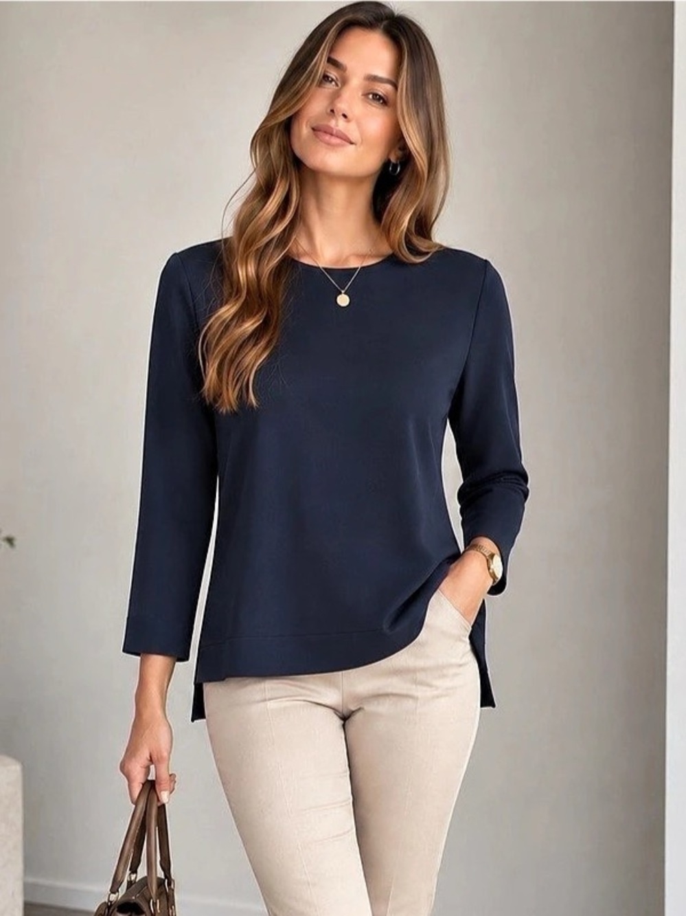 ZARA Woman Navy Stretch Back Zip Long Sleeve Top
